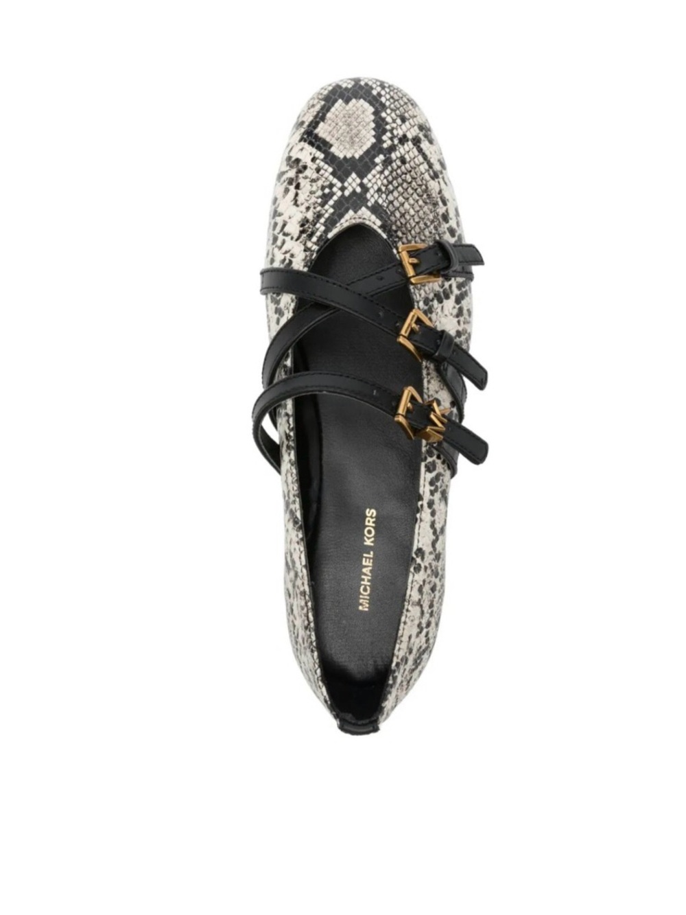 Michael Kors Black and White Snake-Print indy Flat with Gold Buckles